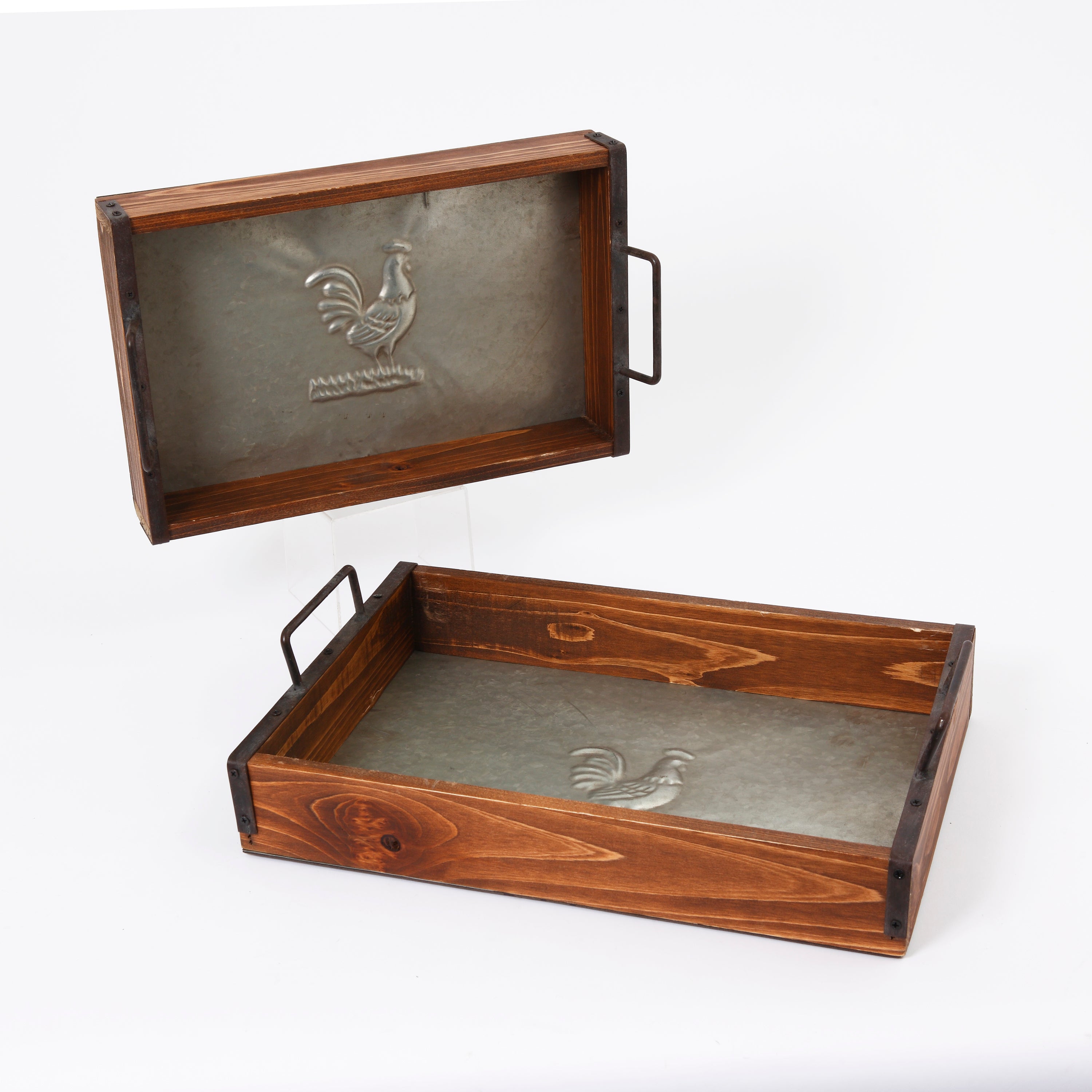Rustic Farmhouse Set of 2 Metal and Wood Decorative Trays